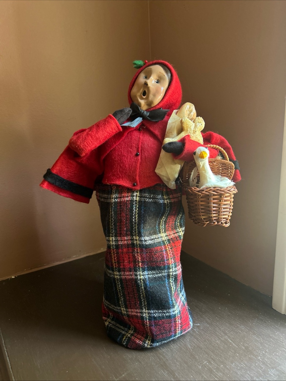 Buyers Choice  Red Hooded Caroler Doll with Plaid Skirt and Basket